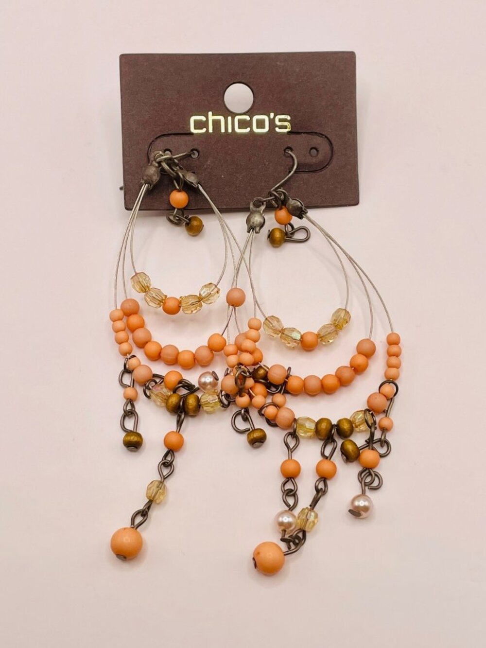 New Chico's Beaded Dangle Earrings Orange Gold & Faux Pearl Accents Boho -82B